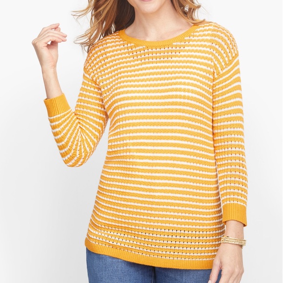 NWT Talbots Women’s MIXED YARN SWEATER - JUNGLE STRIPE yellow white SZ XS - Picture 1 of 4